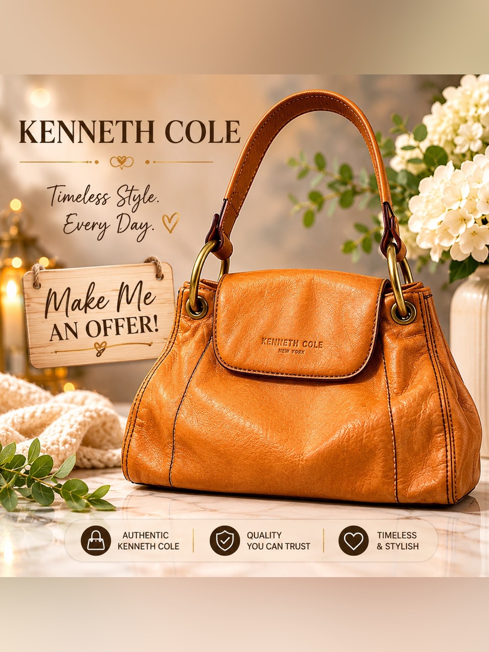 🔥 Kenneth Cole Tan Faux Leather Satchel Handbag
